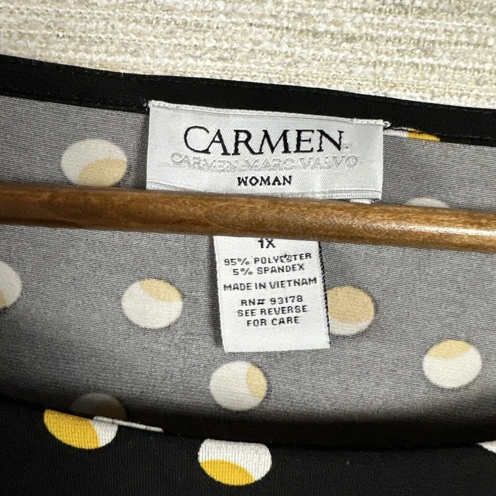 Carmen Marc Valvo 1X Polka Dot Blouse Bell Sleeve Top Black Gold Plus Size Work - Picture 2 of 11